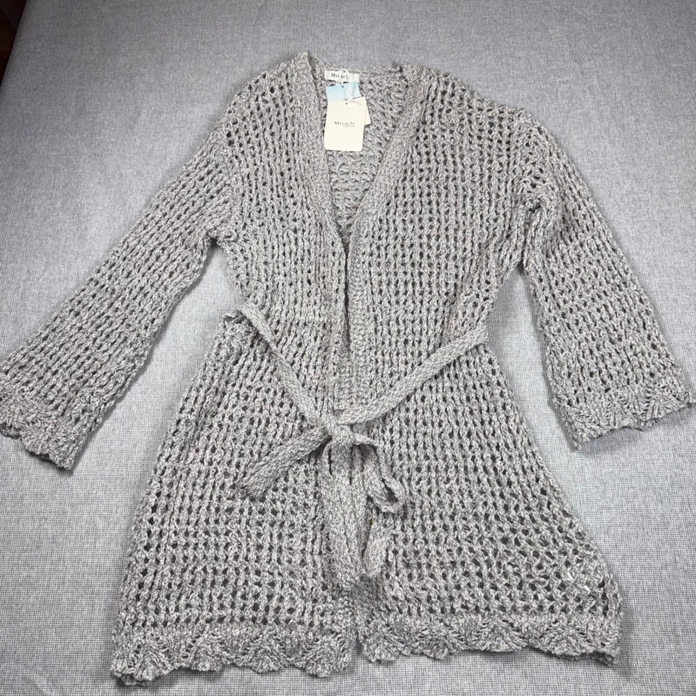 Miracle Fashion Grey Open Crochet Belted Cardigan Sweater S/M New